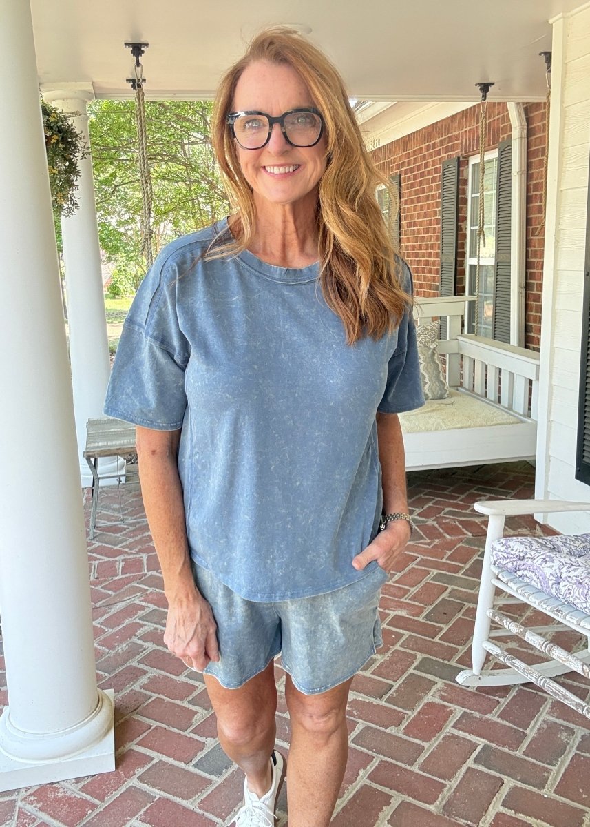 Acid Washed Shorts Set - Dusty Blue - Shorts set - Jimberly's Boutique - Olive Branch - Mississippi