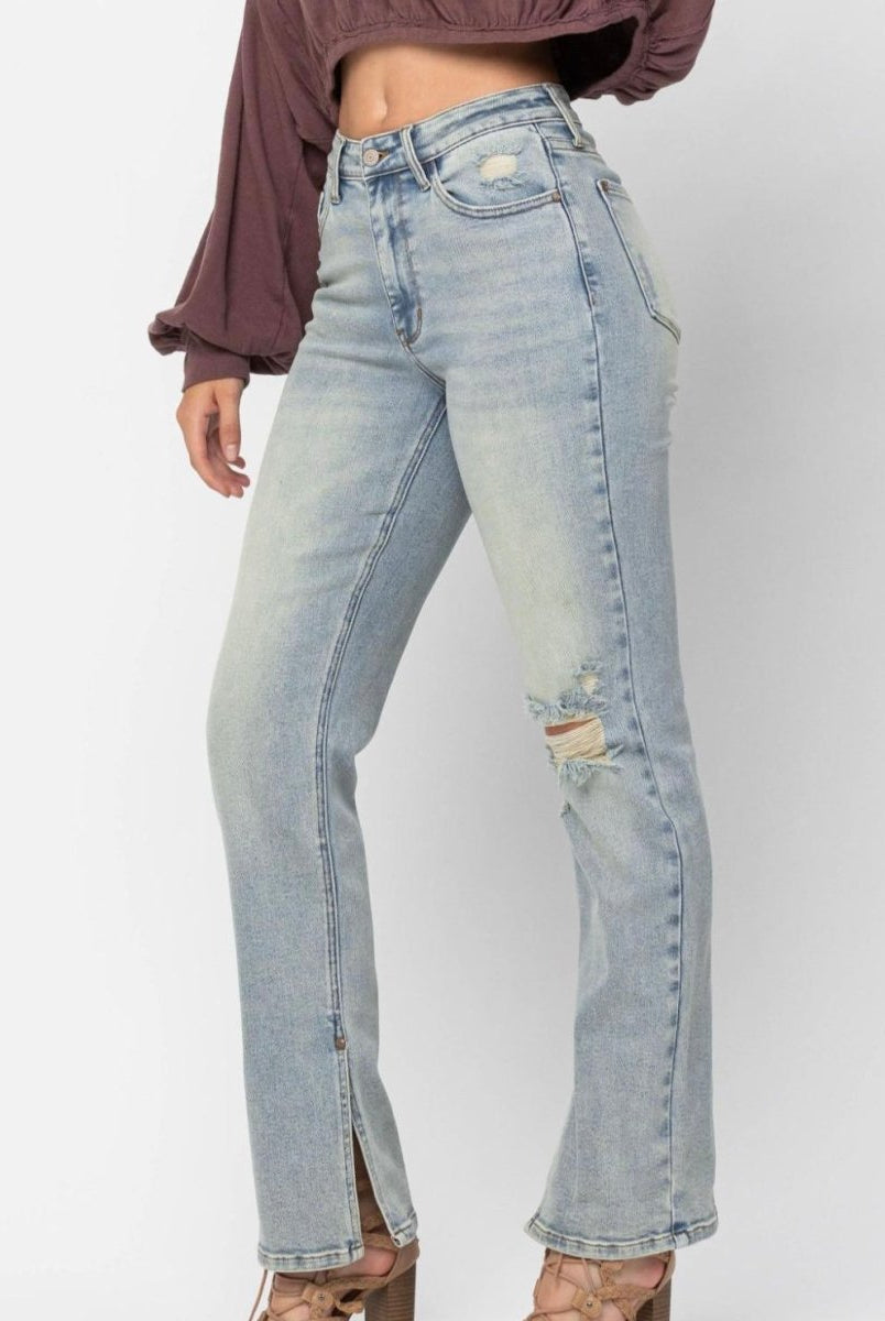 Alcorn High Waist Destroyed Straight with Side Slit Hem | Judy Blue Jeans - jeans - Jimberly's Boutique - Olive Branch - Mississippi
