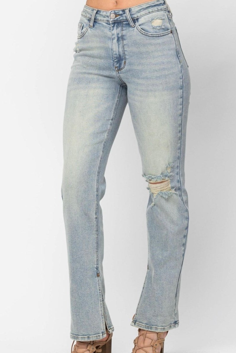 Alcorn High Waist Destroyed Straight with Side Slit Hem | Judy Blue Jeans - jeans - Jimberly's Boutique - Olive Branch - Mississippi