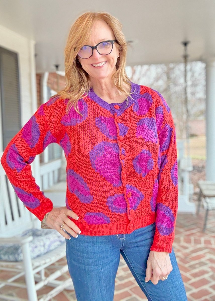 Animal Print Button Front Cardigan/Sweater - Red - Cardigan - Jimberly's Boutique - Olive Branch - Mississippi