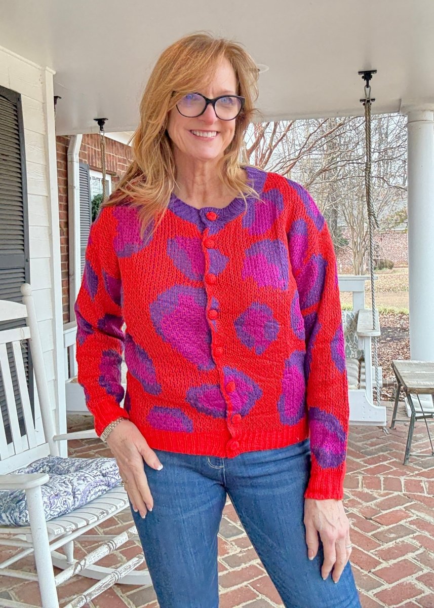 Animal Print Button Front Cardigan/Sweater - Red - Cardigan - Jimberly's Boutique - Olive Branch - Mississippi