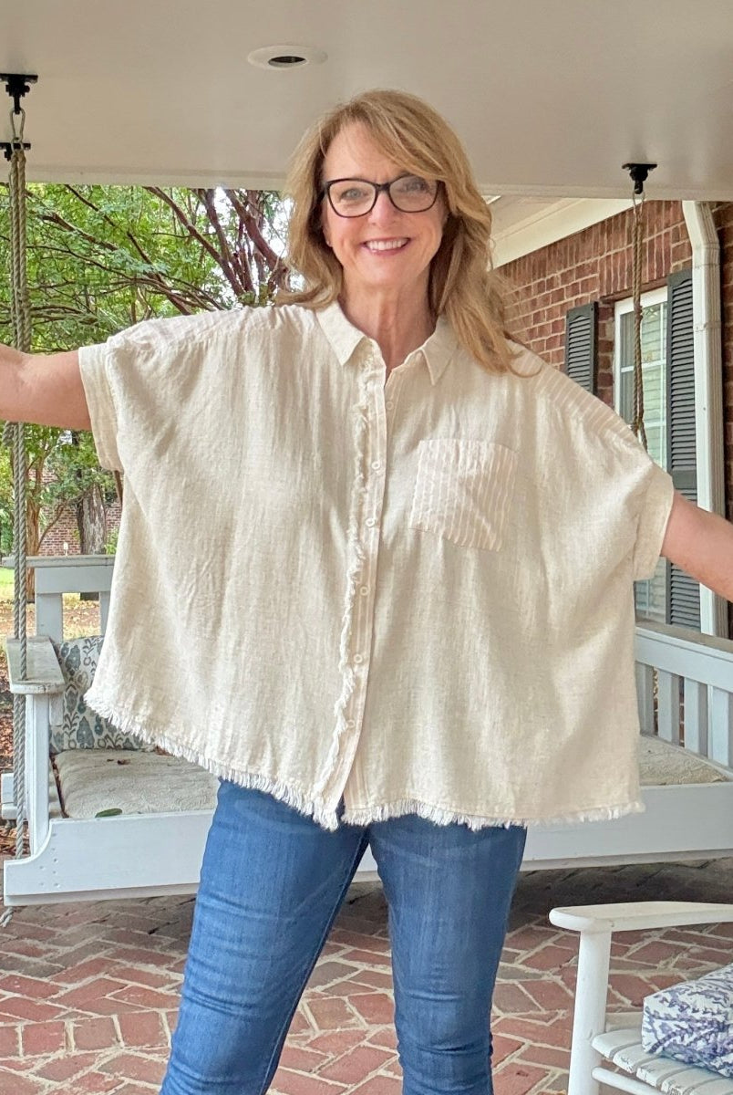Anna Linen Button Down Top - Oatmeal - Button Down Top - Jimberly's Boutique - Olive Branch - Mississippi