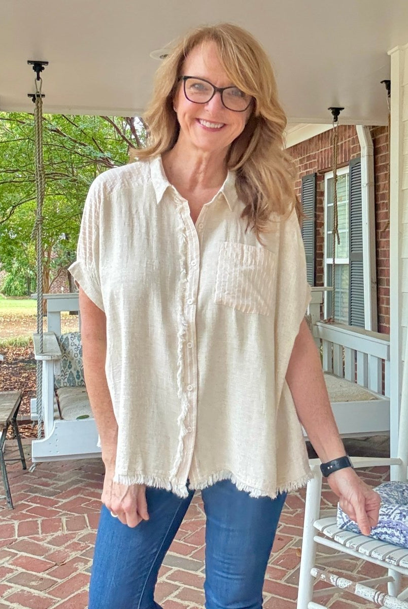 Anna Linen Button Down Top - Oatmeal - Button Down Top - Jimberly's Boutique - Olive Branch - Mississippi