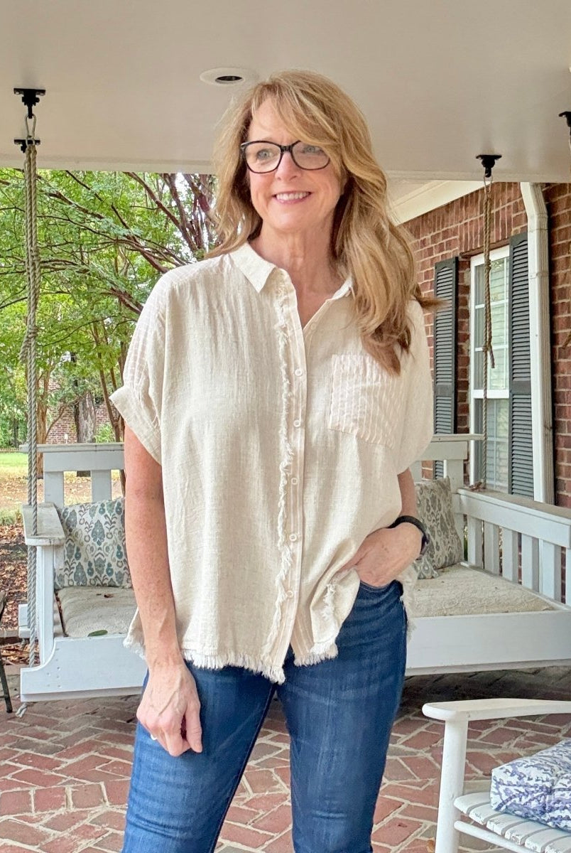 Anna Linen Button Down Top - Oatmeal - Button Down Top - Jimberly's Boutique - Olive Branch - Mississippi