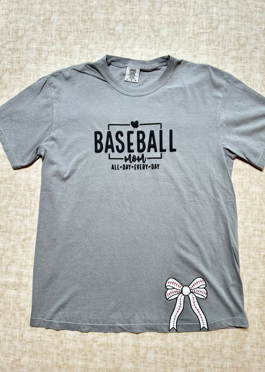 Baseball Mom Front Bow Glitter Applique' Comfort Colors T Shirt - Sweatshirt - Jimberly's Boutique - Olive Branch - Mississippi