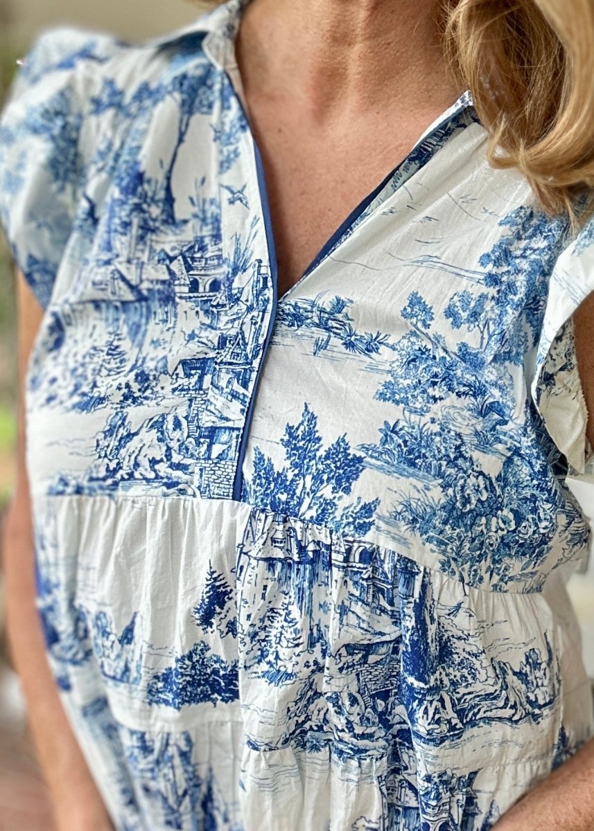 Blue Toile Dress with Ruffle Sleeves | Umgee - Jimberly's Boutique - Olive Branch - Mississippi