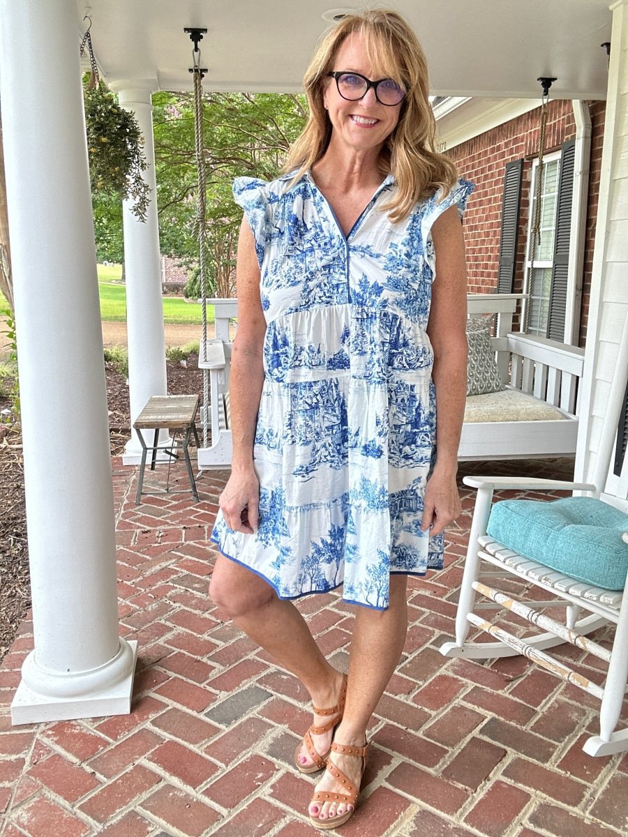 Blue Toile Dress with Ruffle Sleeves | Umgee - Jimberly's Boutique - Olive Branch - Mississippi