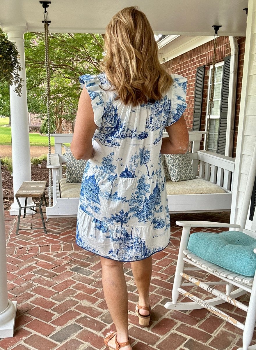 Blue Toile Dress with Ruffle Sleeves | Umgee - Jimberly's Boutique - Olive Branch - Mississippi