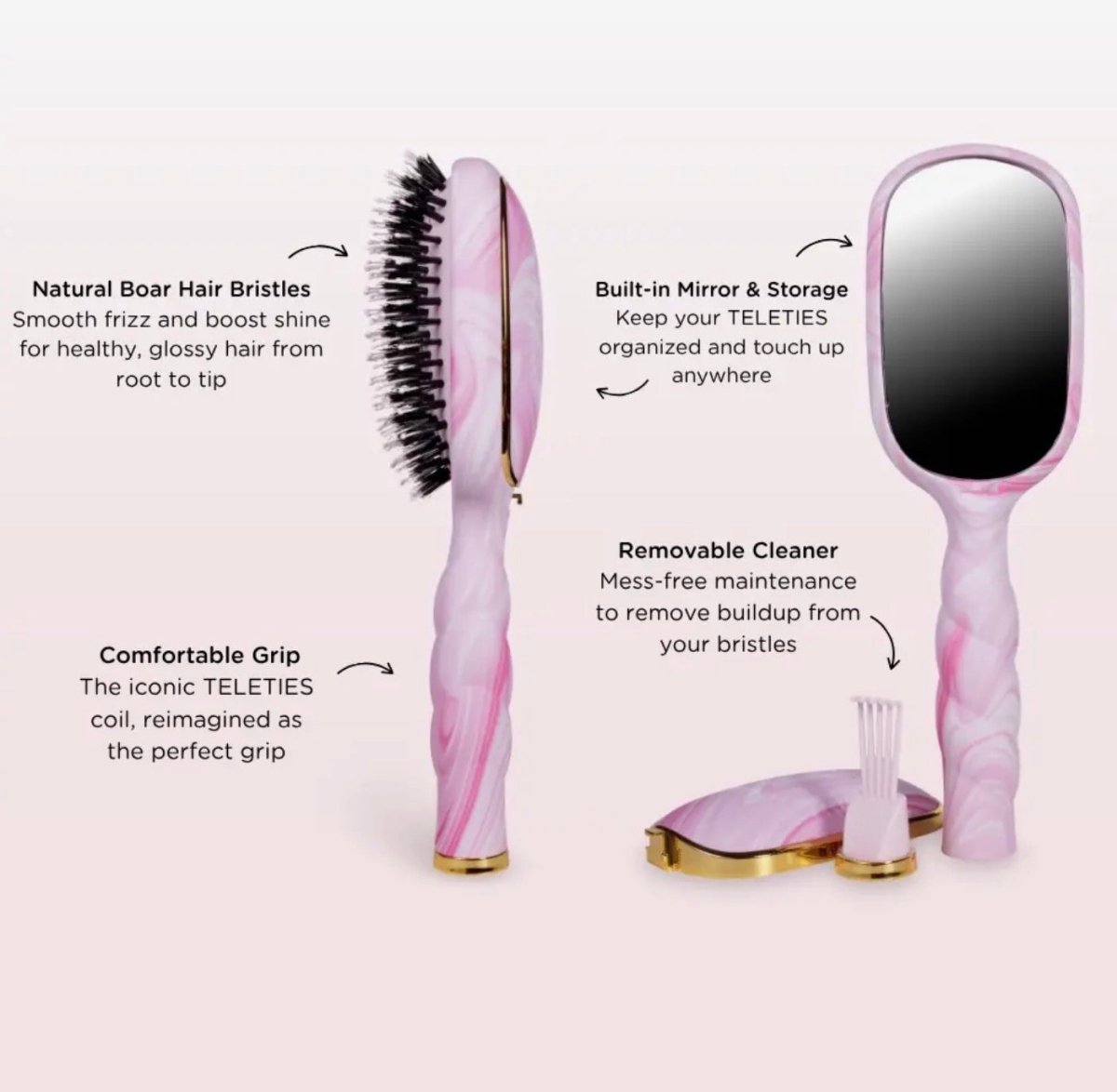 Boar Bristle Hair Brush - Full Size - Pinch Me Pink - Teleties Hair Brush -Jimberly's Boutique-Olive Branch-Mississippi