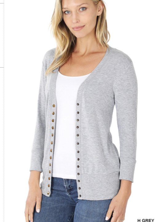Bobbi Jo | 3/4 Sleeve Snap Cardigan | Heather Grey - Zenana Cardigan -Jimberly's Boutique-Olive Branch-Mississippi