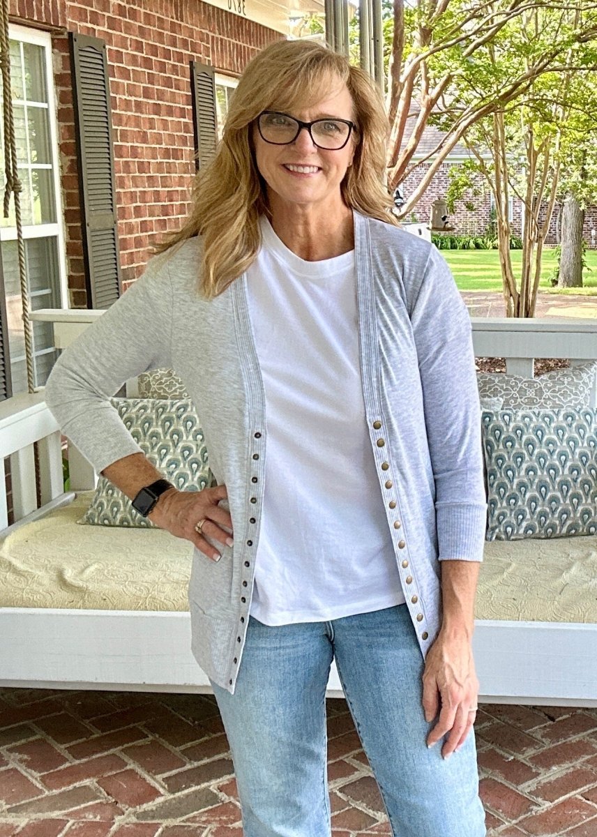 Bobbi Jo | 3/4 Sleeve Snap Cardigan | Heather Grey - Zenana Cardigan -Jimberly's Boutique-Olive Branch-Mississippi