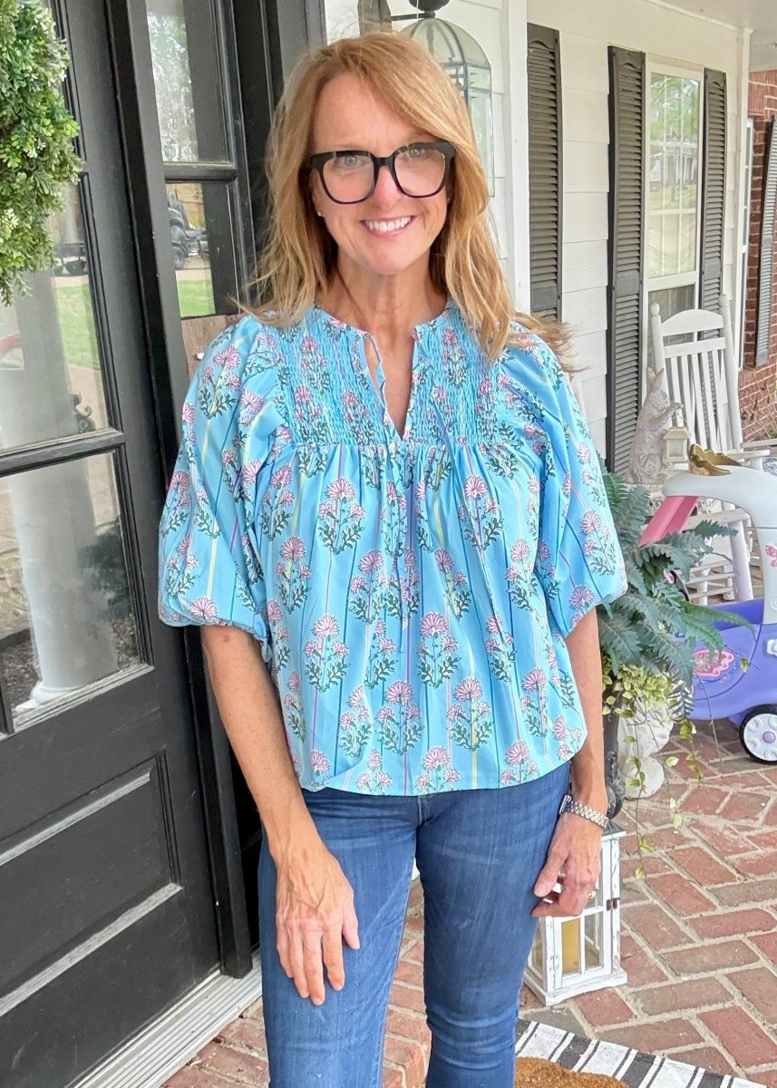 Boho Floral Shirred Split Neck Top - Casual Top - Jimberly's Boutique - Olive Branch - Mississippi