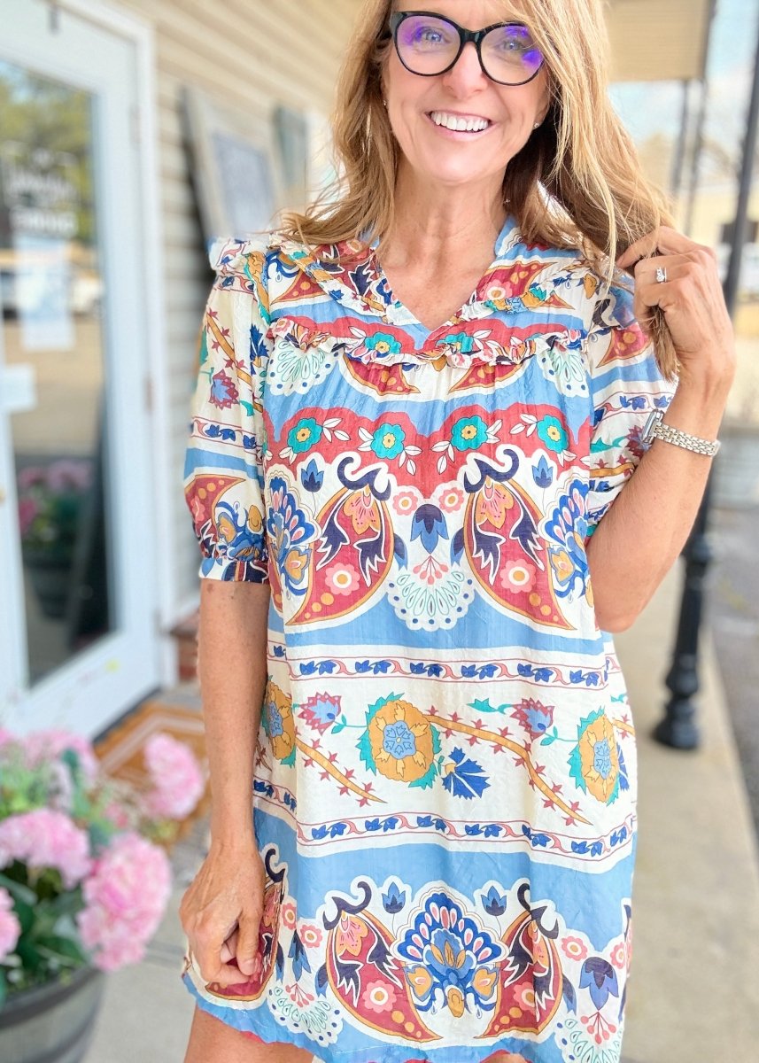 Border Print Dress - Blue Mix - Umgee Dress - Jimberly's Boutique - Olive Branch - Mississippi