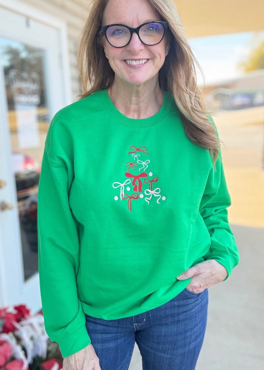 Bow Christmas Tree Embroidered Sweatshirt - Green - Embroidered Sweatshirt - Jimberly's Boutique - Olive Branch - Mississippi