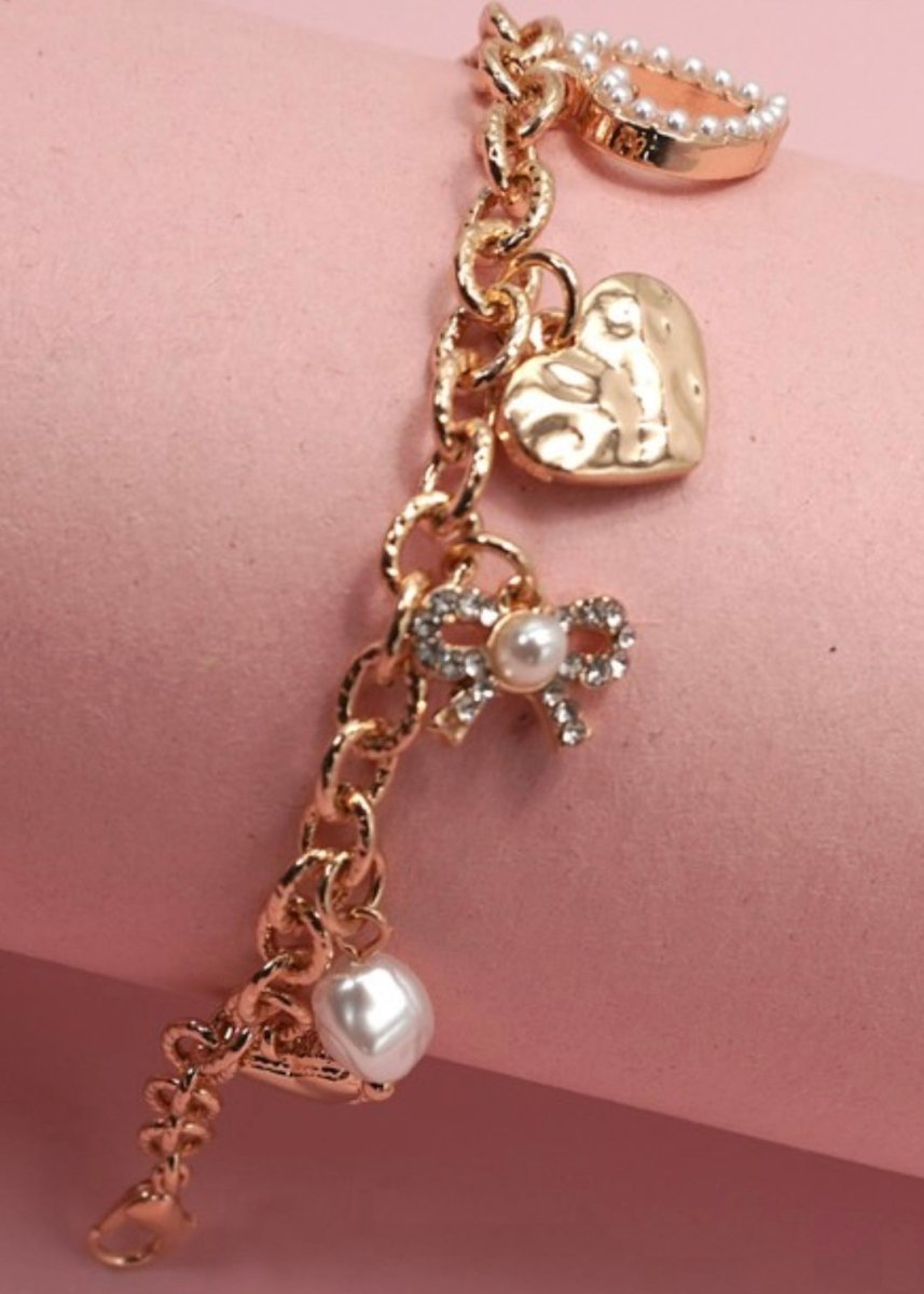 Bow Heart Pearl Disc Charm Bracelet - Jimberly's Boutique - Olive Branch - Mississippi