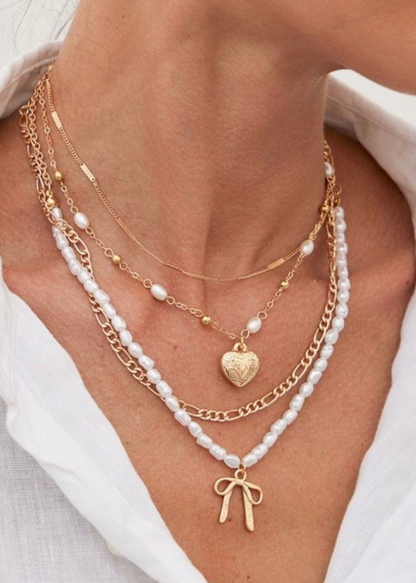 Bow Pearl Heart Pendant Layered Necklace - Necklace - Jimberly's Boutique - Olive Branch - Mississippi