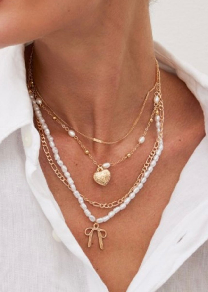 Bow Pearl Heart Pendant Layered Necklace - Necklace - Jimberly's Boutique - Olive Branch - Mississippi