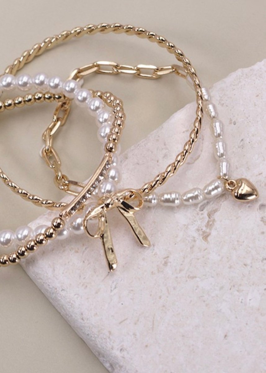 Bow Pearl Rhinestone Bar Stretch Bangle Set - bracelet - Jimberly's Boutique - Olive Branch - Mississippi