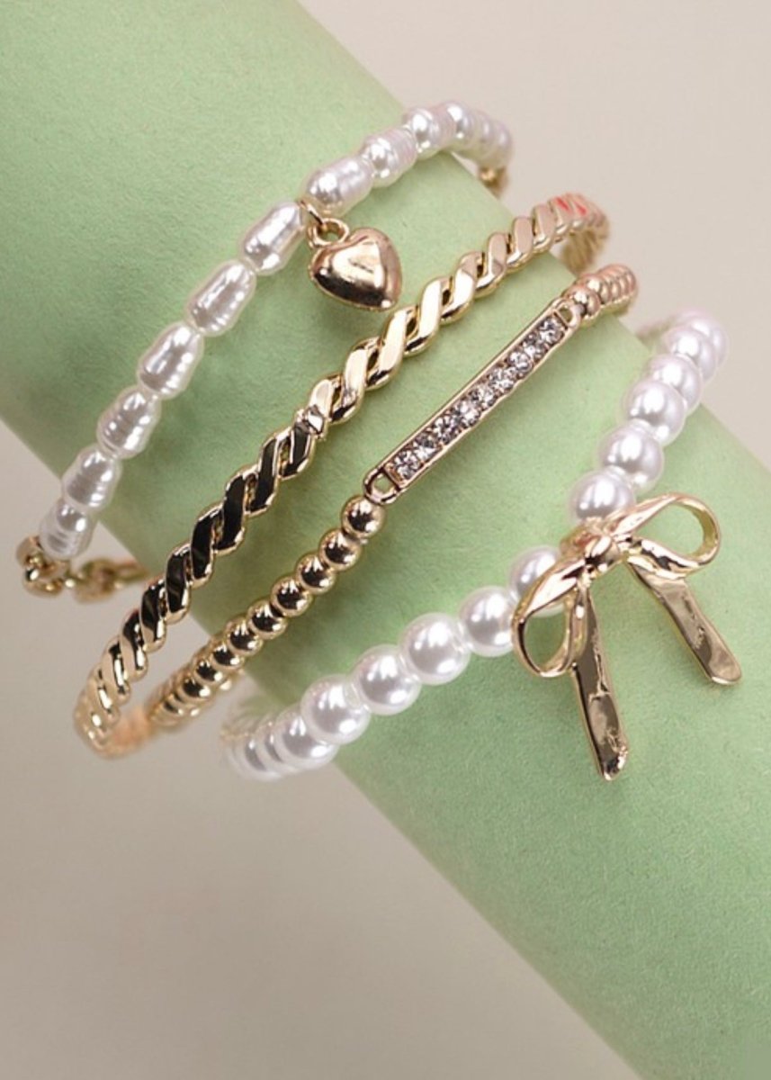 Bow Pearl Rhinestone Bar Stretch Bangle Set - bracelet - Jimberly's Boutique - Olive Branch - Mississippi