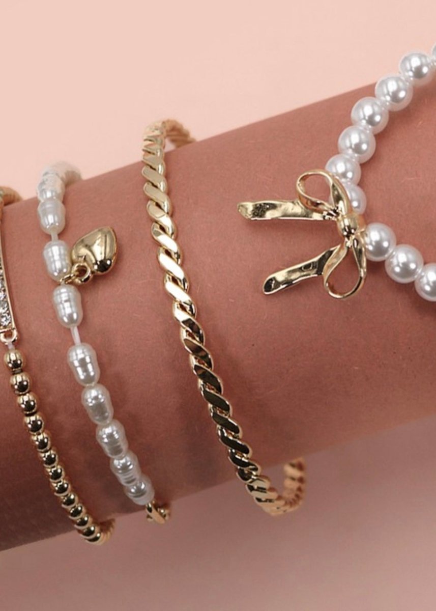 Bow Pearl Rhinestone Bar Stretch Bangle Set - bracelet - Jimberly's Boutique - Olive Branch - Mississippi