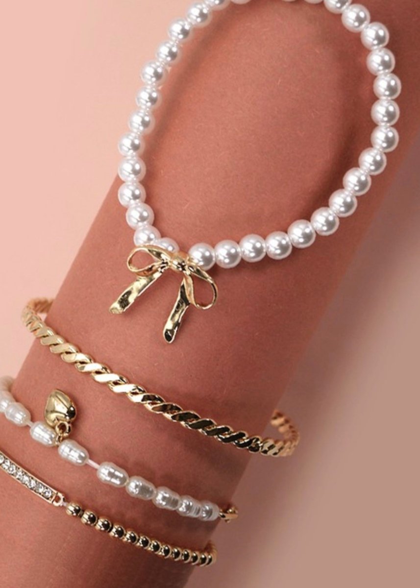 Bow Pearl Rhinestone Bar Stretch Bangle Set - bracelet - Jimberly's Boutique - Olive Branch - Mississippi