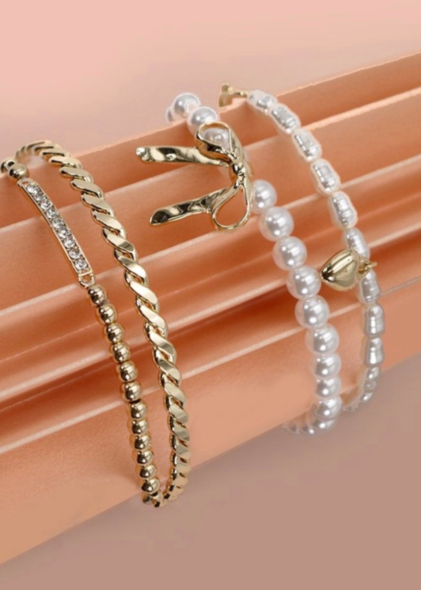 Bow Pearl Rhinestone Bar Stretch Bangle Set - bracelet - Jimberly's Boutique - Olive Branch - Mississippi