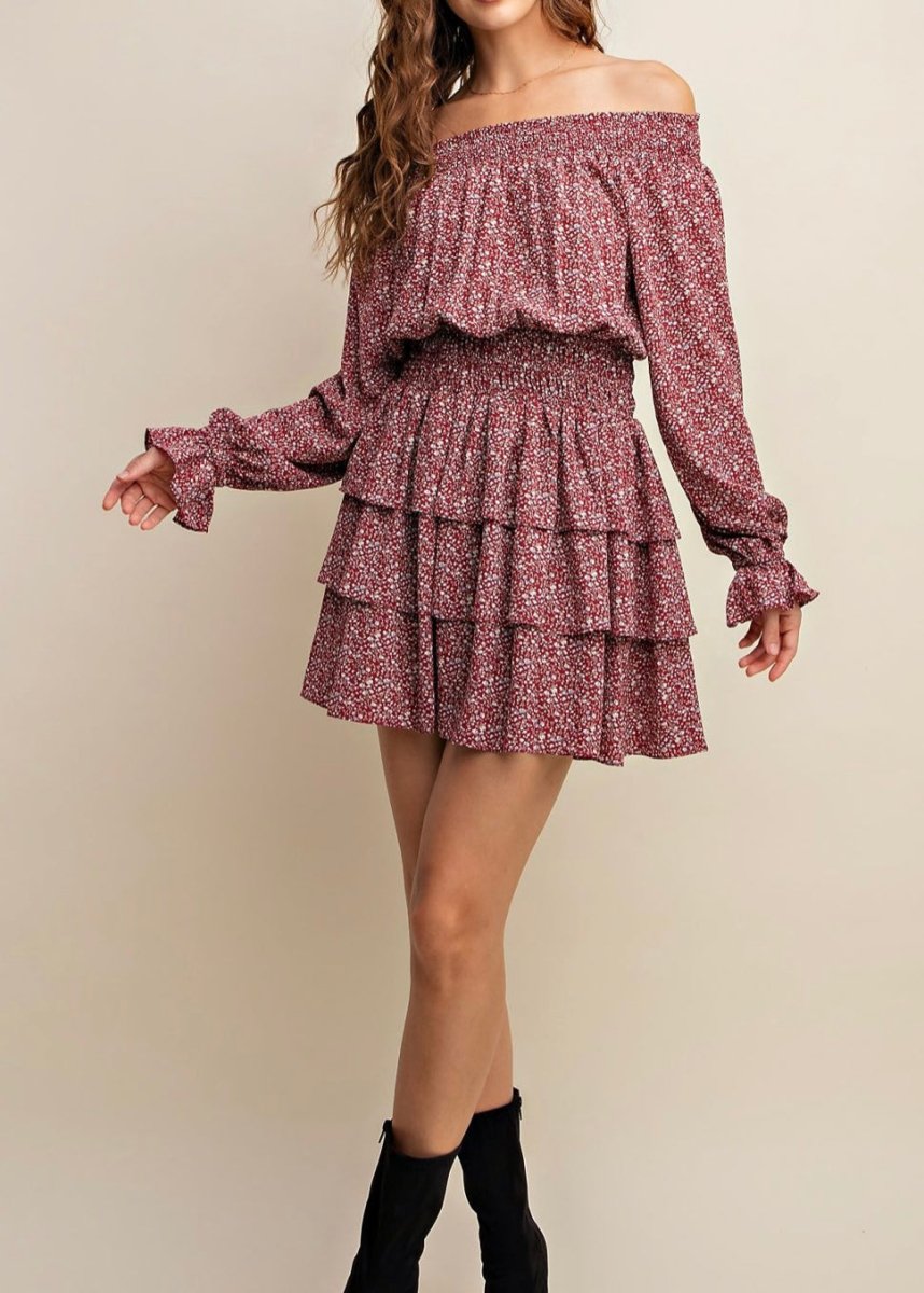 Burgundy Print Smocked Neckline Dress - dress - Jimberly's Boutique - Olive Branch - Mississippi
