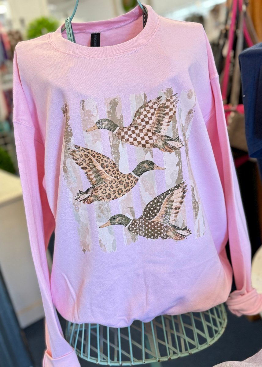 Camo Flying Mallards Sweatshirt - Light Pink - Graphic Sweatshirt -Jimberly's Boutique-Olive Branch-Mississippi