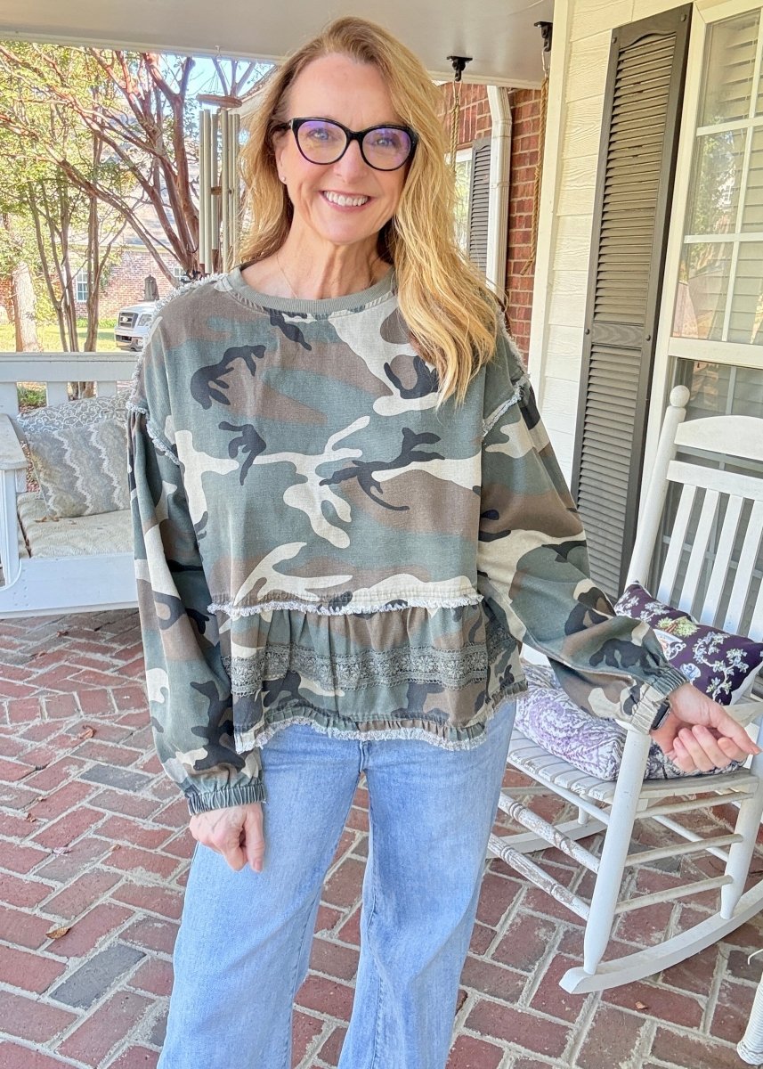Camo Ruffled Hem Top | BiBi - top -Jimberly's Boutique-Olive Branch-Mississippi