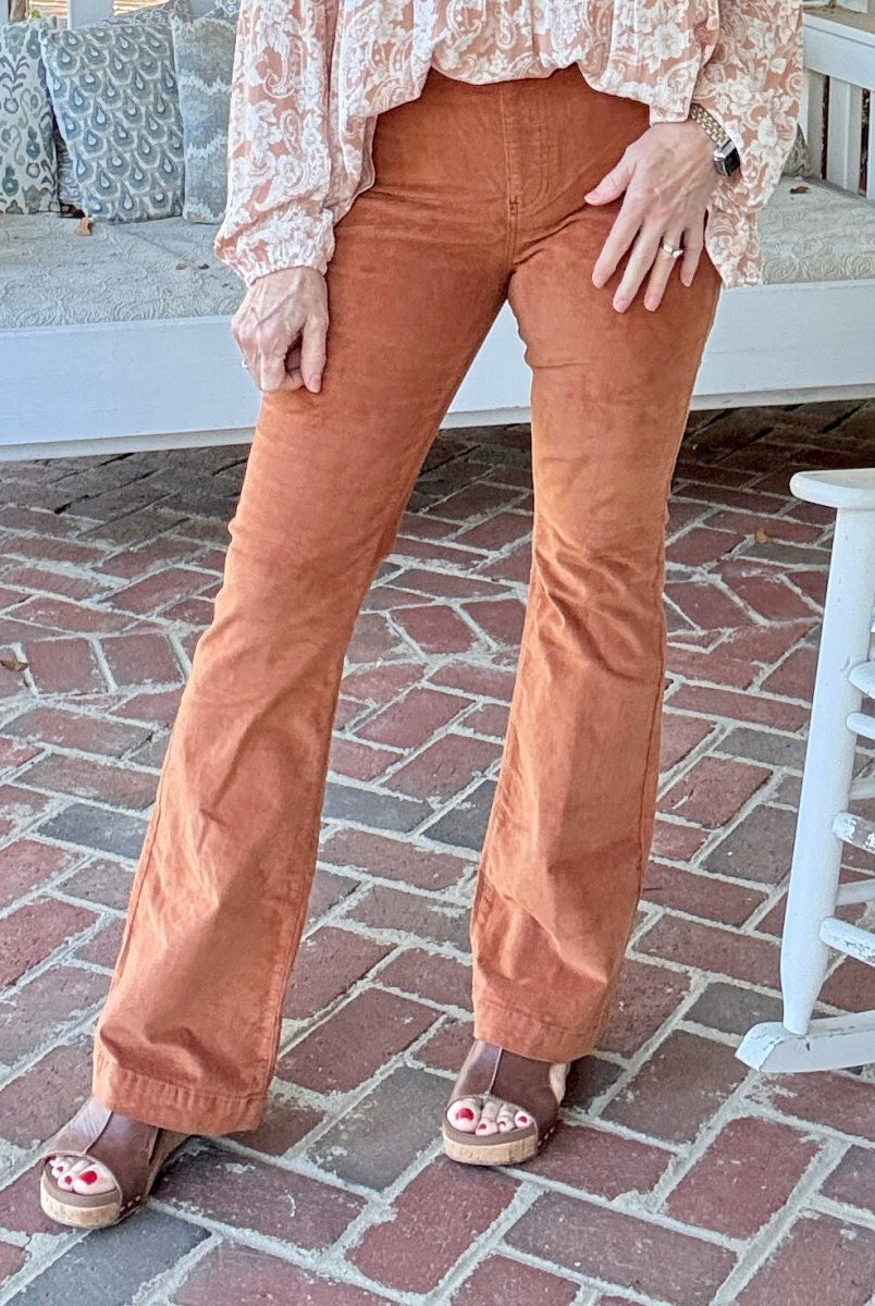 Caramel Corduroy Pull On Flares - corduroy flare jeans - Jimberly's Boutique - Olive Branch - Mississippi
