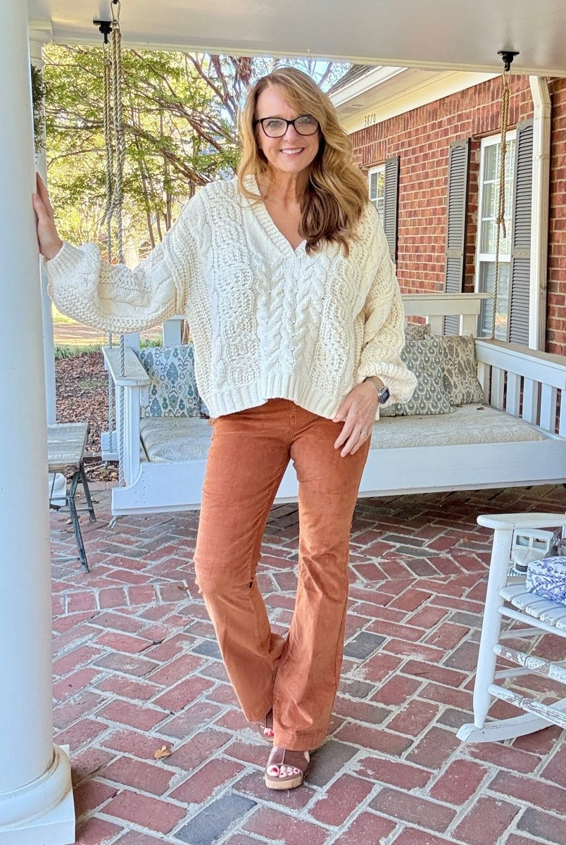 Caramel Corduroy Pull On Flares - corduroy flare jeans - Jimberly's Boutique - Olive Branch - Mississippi