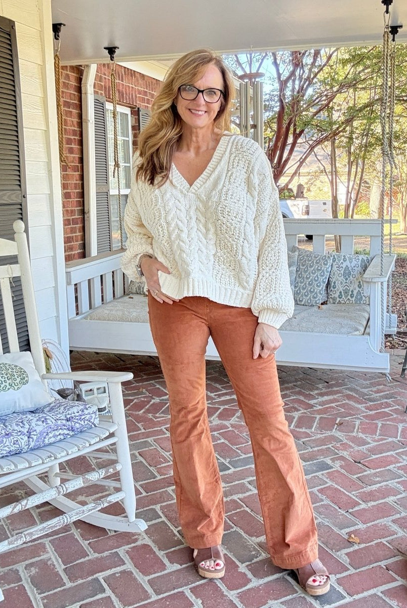 Caramel Corduroy Pull On Flares - corduroy flare jeans - Jimberly's Boutique - Olive Branch - Mississippi