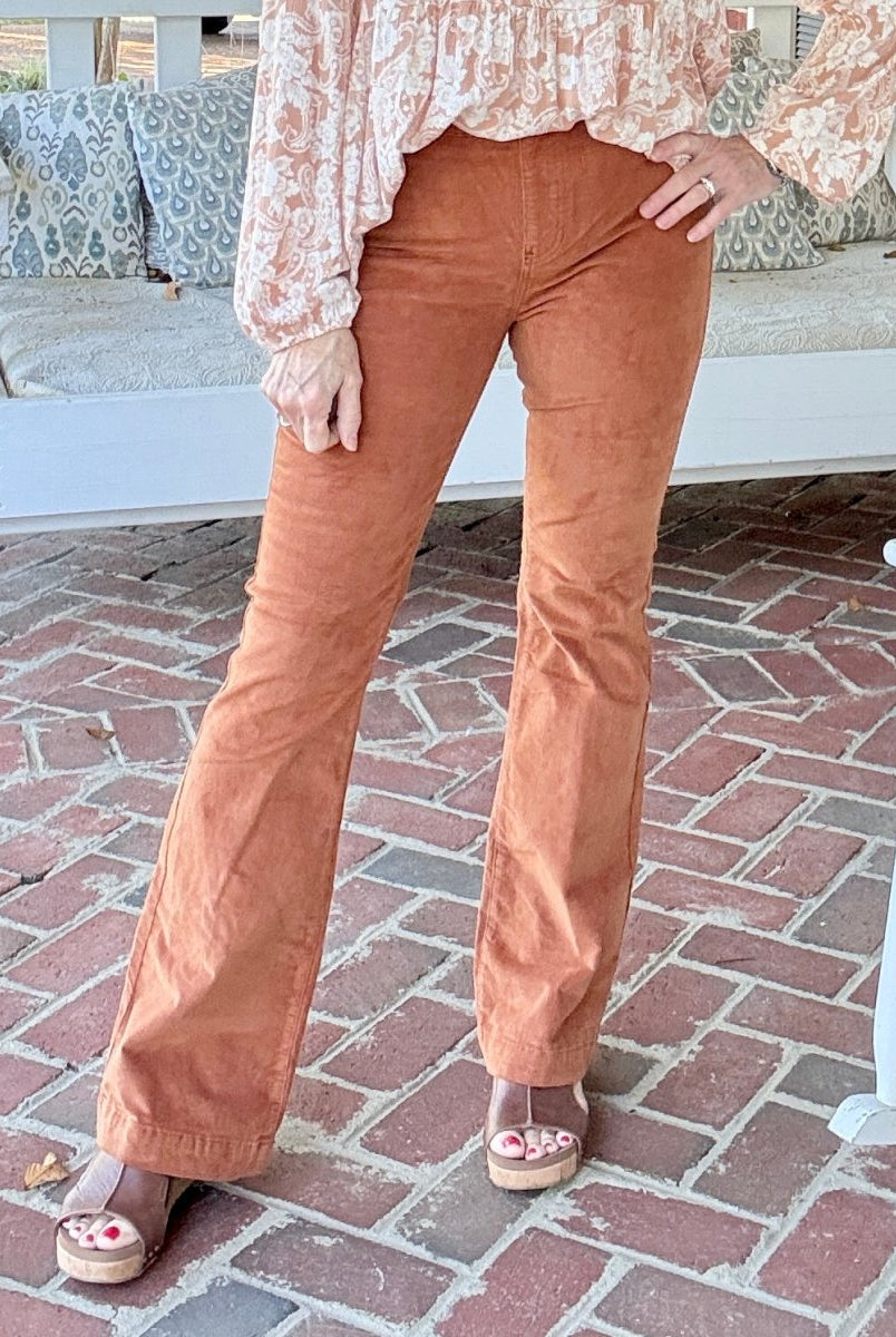 Caramel Corduroy Pull On Flares - corduroy flare jeans - Jimberly's Boutique - Olive Branch - Mississippi