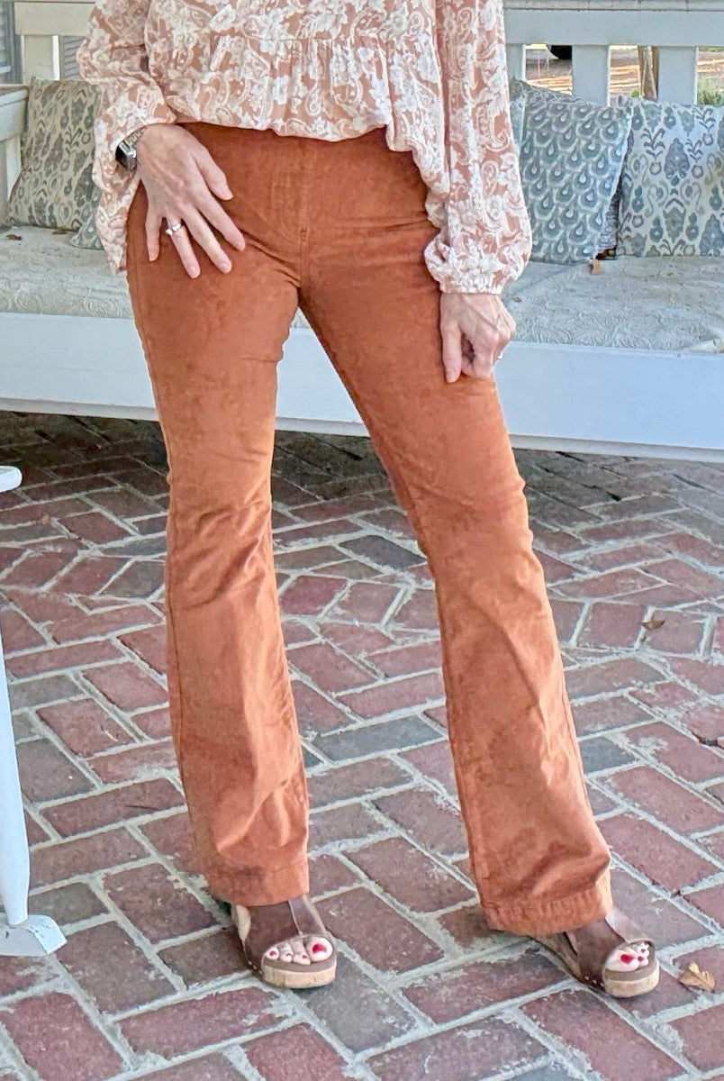 Caramel Corduroy Pull On Flares - corduroy flare jeans - Jimberly's Boutique - Olive Branch - Mississippi