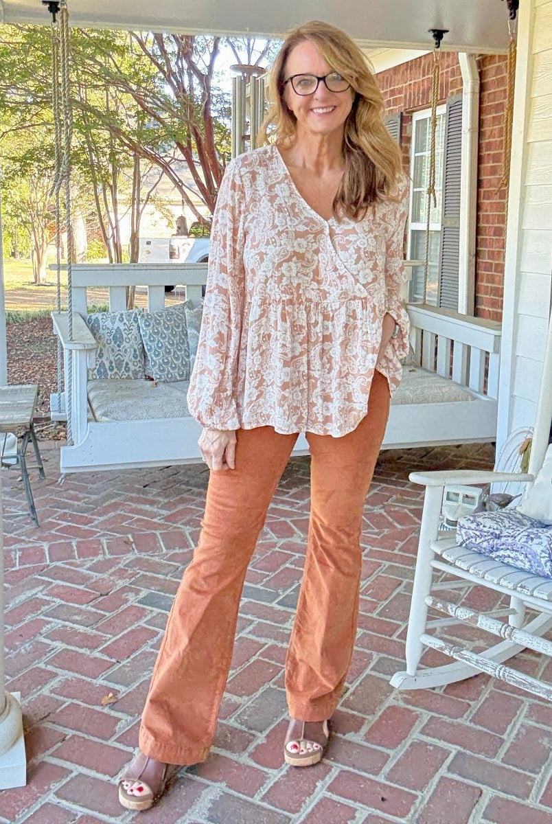 Caramel Corduroy Pull On Flares - corduroy flare jeans - Jimberly's Boutique - Olive Branch - Mississippi