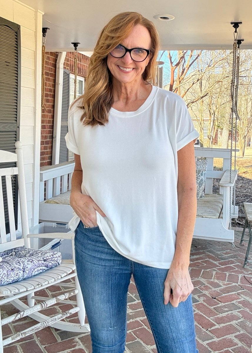 Carla Soft Melange Folded Sleeve Top - Ivory | Zenana - Casual Top - Jimberly's Boutique - Olive Branch - Mississippi