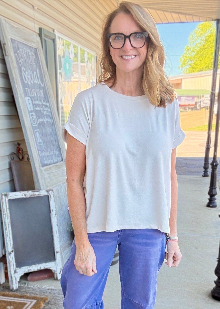 Carla Soft Melange Folded Sleeve Top - Sand Beige | Zenana - Casual Top - Jimberly's Boutique - Olive Branch - Mississippi