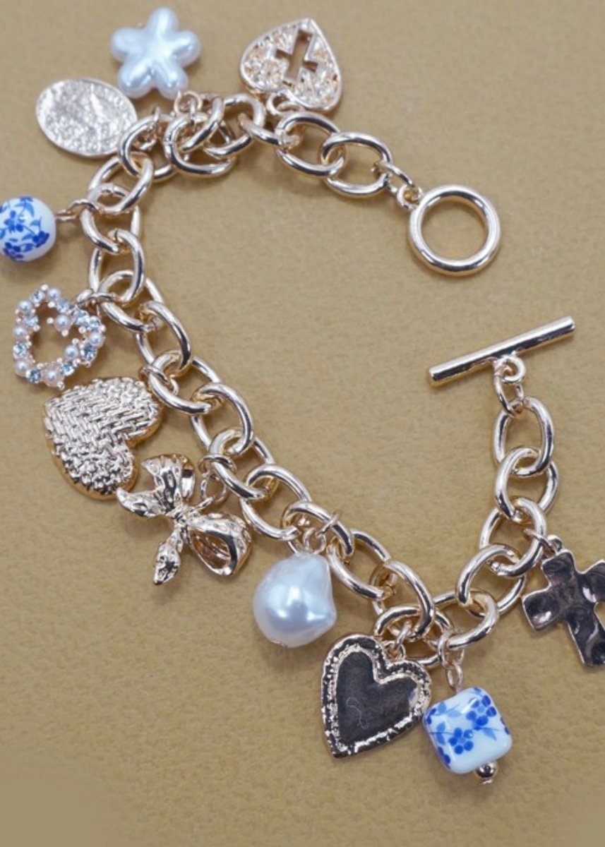 Ceramic Porcelain Heart Bow Pearl Charm Bracelet - charm bracelet - Jimberly's Boutique - Olive Branch - Mississippi