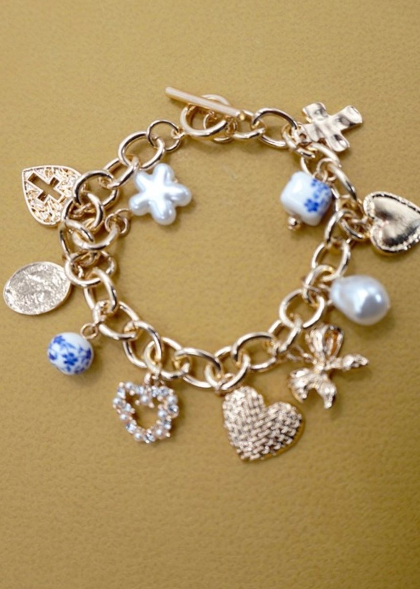 Ceramic Porcelain Heart Bow Pearl Charm Bracelet - charm bracelet - Jimberly's Boutique - Olive Branch - Mississippi