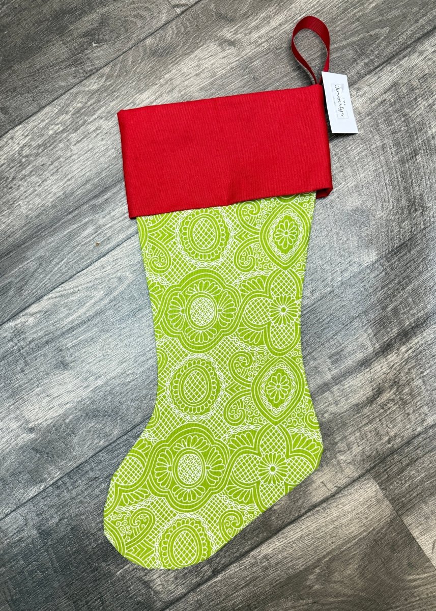Chartreuse Aztec with Red Cuff - Monogrammed Christmas Stocking - Stocking - Jimberly's Boutique - Olive Branch - Mississippi