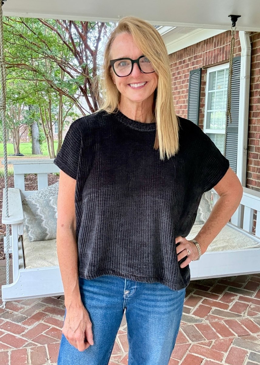 Chenille Cap Sleeve Sweater - Black - Casual Sweater -Jimberly's Boutique-Olive Branch-Mississippi