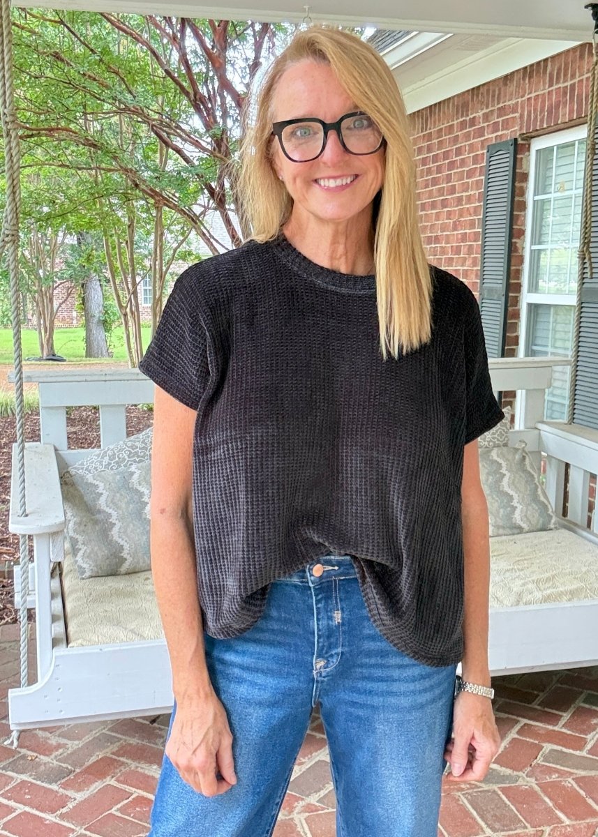 Chenille Cap Sleeve Sweater - Black - Casual Sweater -Jimberly's Boutique-Olive Branch-Mississippi