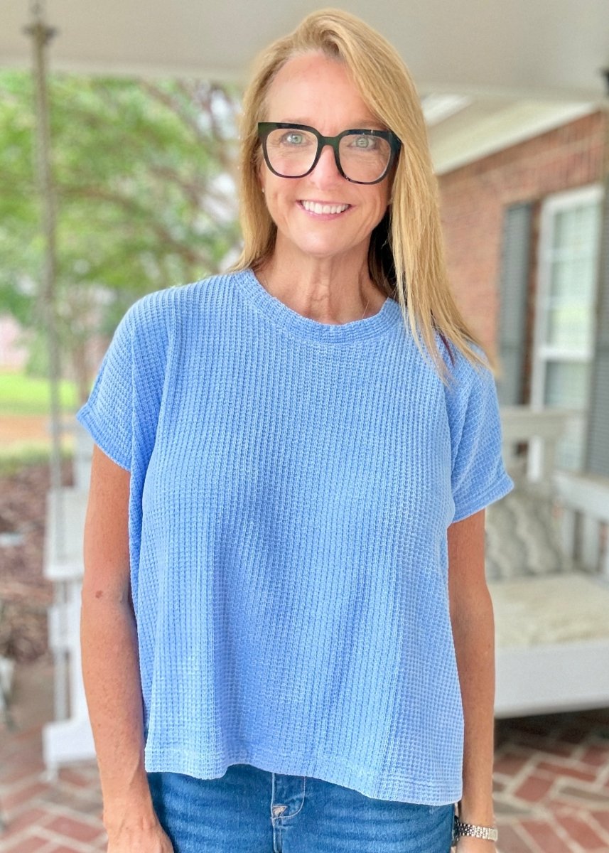 Chenille Cap Sleeve Sweater - Cornflower Blue - Casual Sweater -Jimberly's Boutique-Olive Branch-Mississippi
