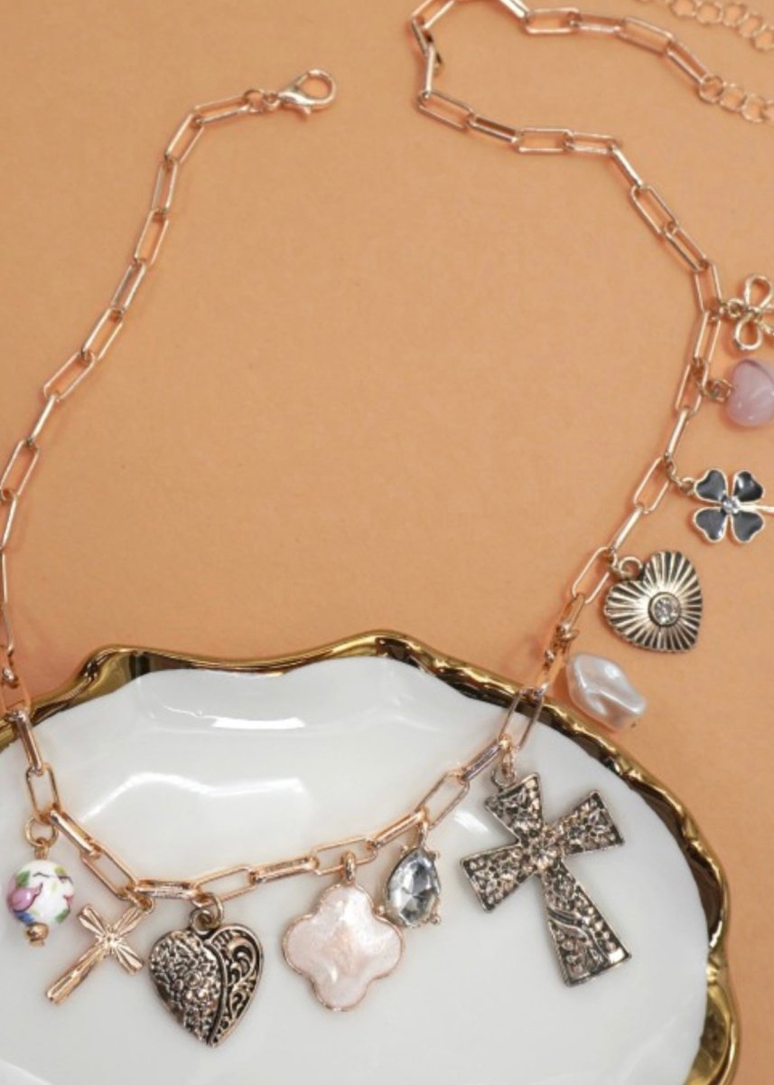 Clover Cross Heart Bow Porcelain Charm Necklace - charm necklace - Jimberly's Boutique - Olive Branch - Mississippi