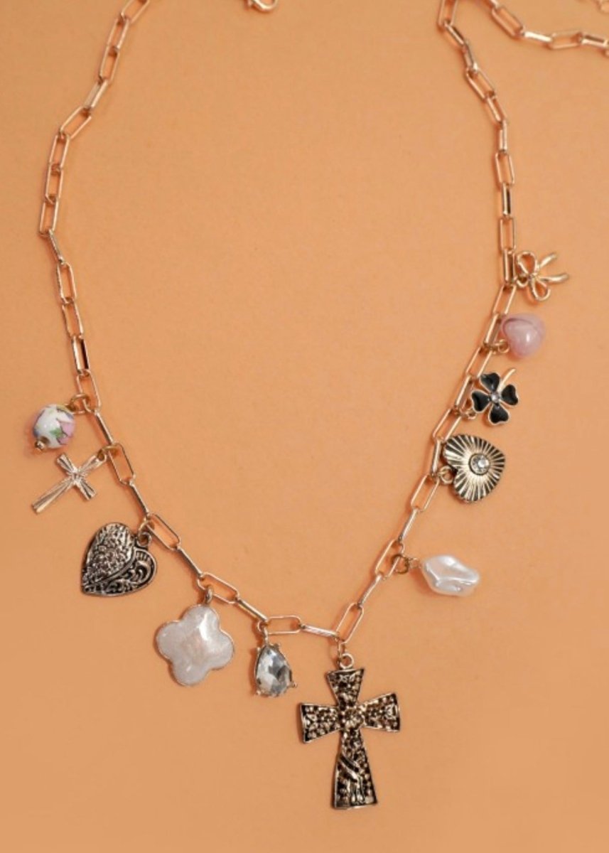 Clover Cross Heart Bow Porcelain Charm Necklace - charm necklace - Jimberly's Boutique - Olive Branch - Mississippi