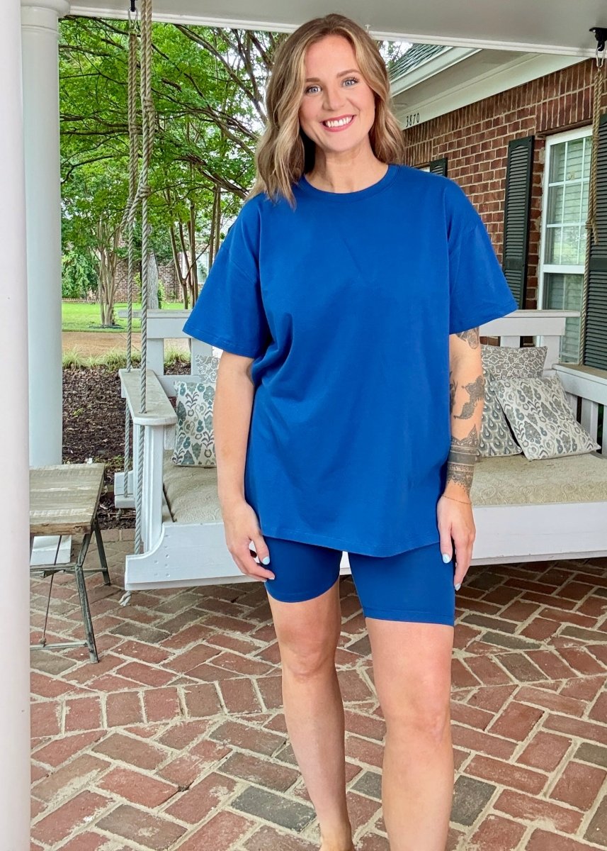Cotton Crew Neck Biker Shorts Set - Lt Navy - shorts set - Jimberly's Boutique - Olive Branch - Mississippi