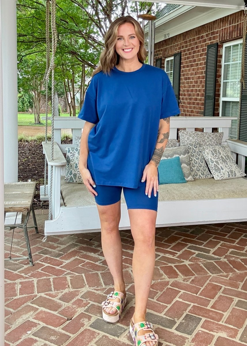 Cotton Crew Neck Biker Shorts Set - Lt Navy - shorts set - Jimberly's Boutique - Olive Branch - Mississippi