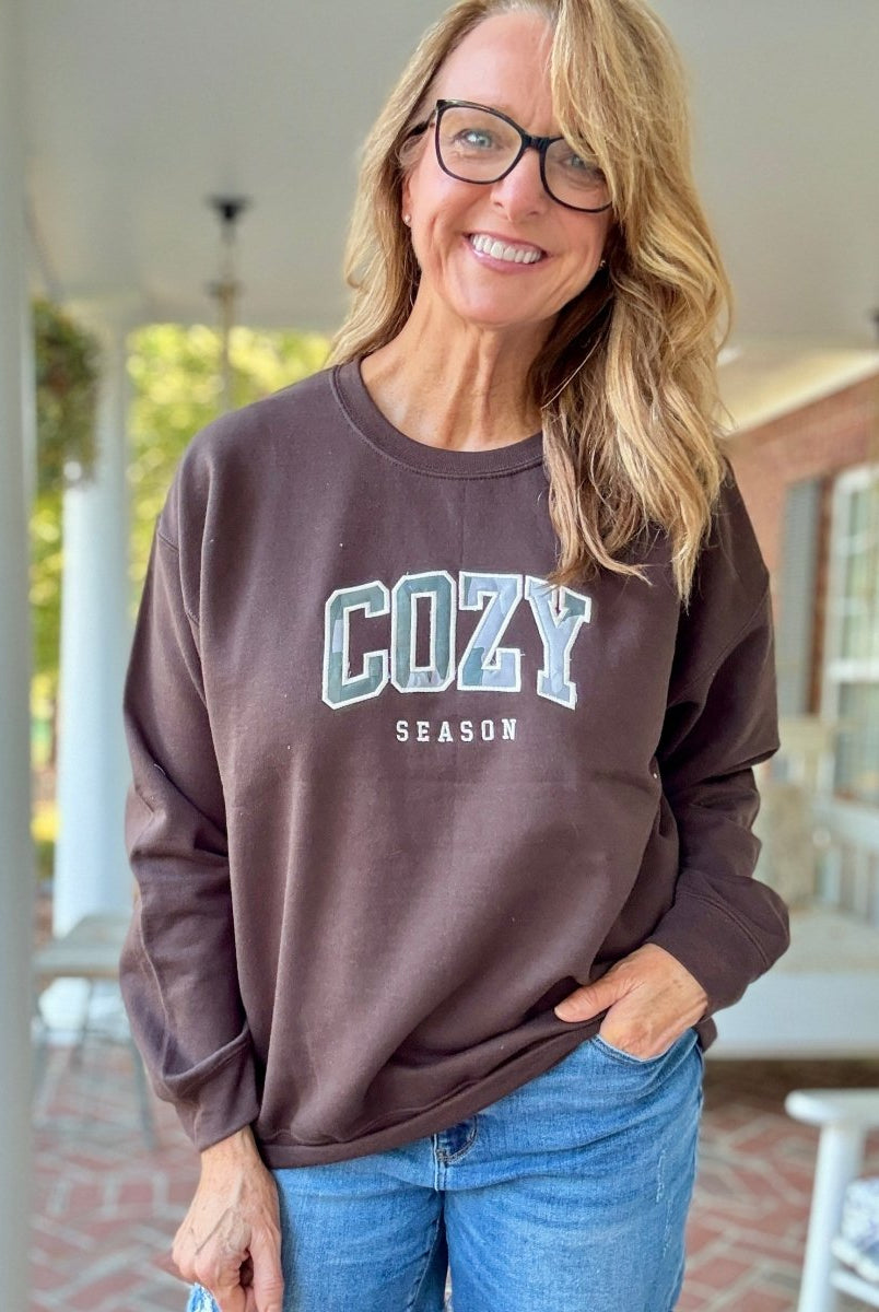 Cozy Season Camo Applique' Sweatshirt - Casual Sweatshirt - Jimberly's Boutique - Olive Branch - Mississippi