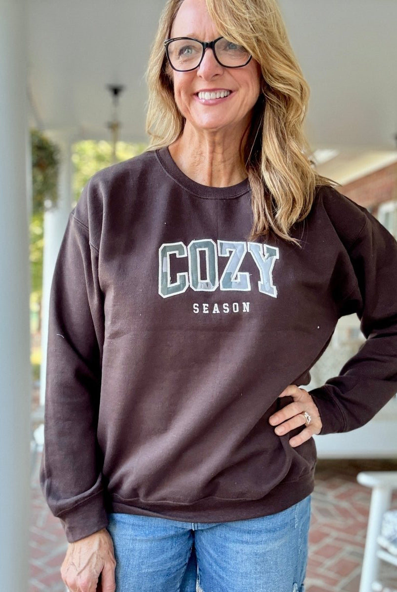 Cozy Season Camo Applique' Sweatshirt - Casual Sweatshirt - Jimberly's Boutique - Olive Branch - Mississippi