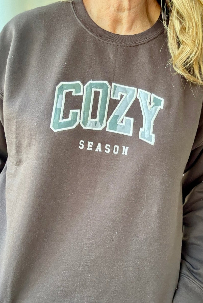 Cozy Season Camo Applique' Sweatshirt - Casual Sweatshirt - Jimberly's Boutique - Olive Branch - Mississippi